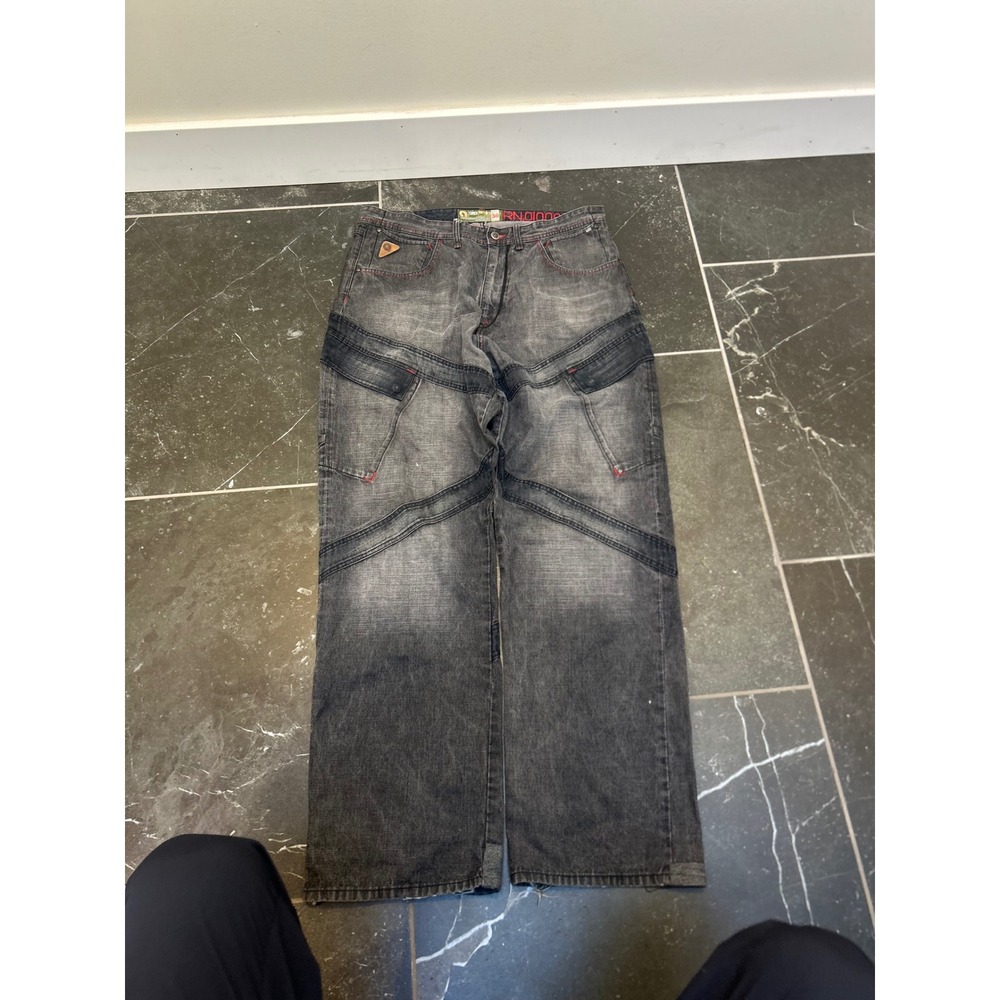 Akademiks Mens Baggy Y2K Paneled Denim Jeans Faded Black Red Stitching 38x34